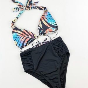 BAR III Tie-Dye Halter Bikini Top and Side-Ruched High-Waist Bikini Bottoms